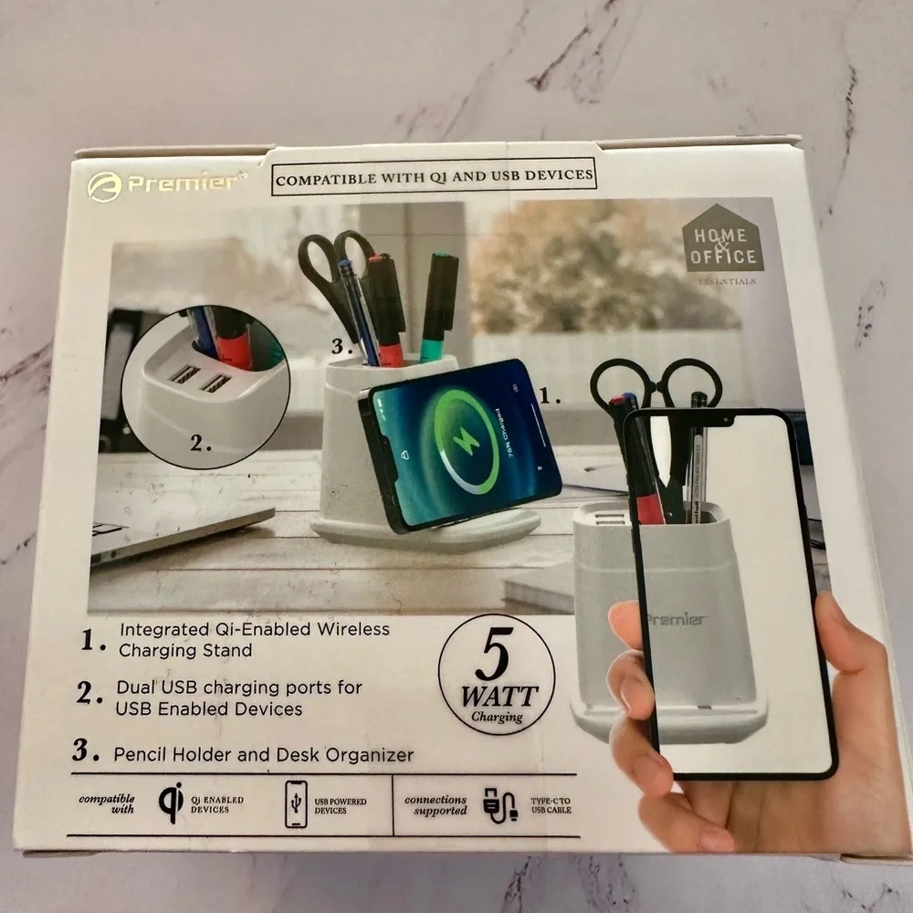 Premier White Wireless Charging Stand Desk Organizer with USB Ports Brand New